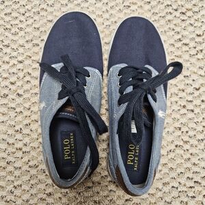 New Polo Ralph Lauren Boys Child 2.5 Youth Shoes Navy Canvas Lace Up Boat Casual